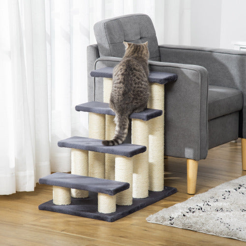 Gray Cat Tree with 4 Steps for High Beds and Couches - Indoor Climbing & Scratching Post