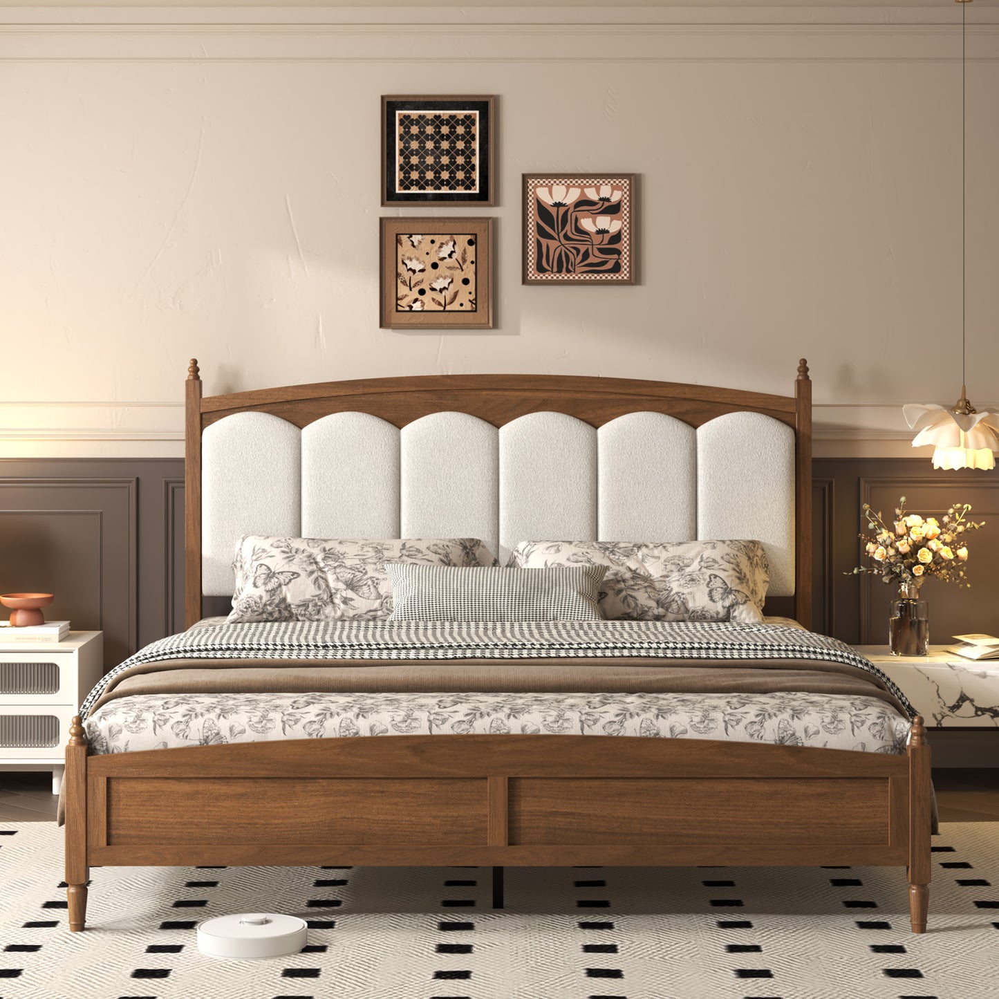 King Size Platform Bed Frame with Upholstered Headboard - Brown