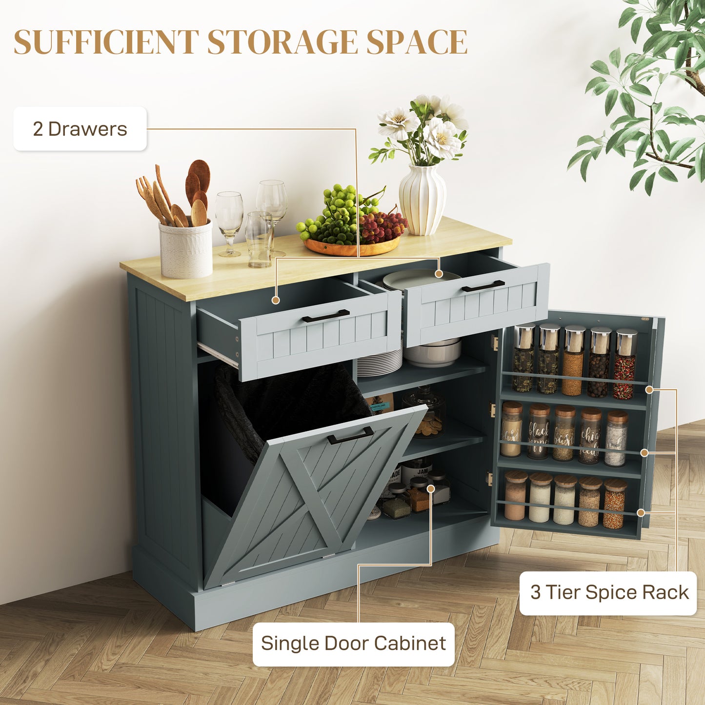 Farmhouse Tilt-Out Trash Can Cabinet with 2 Drawers - Gray