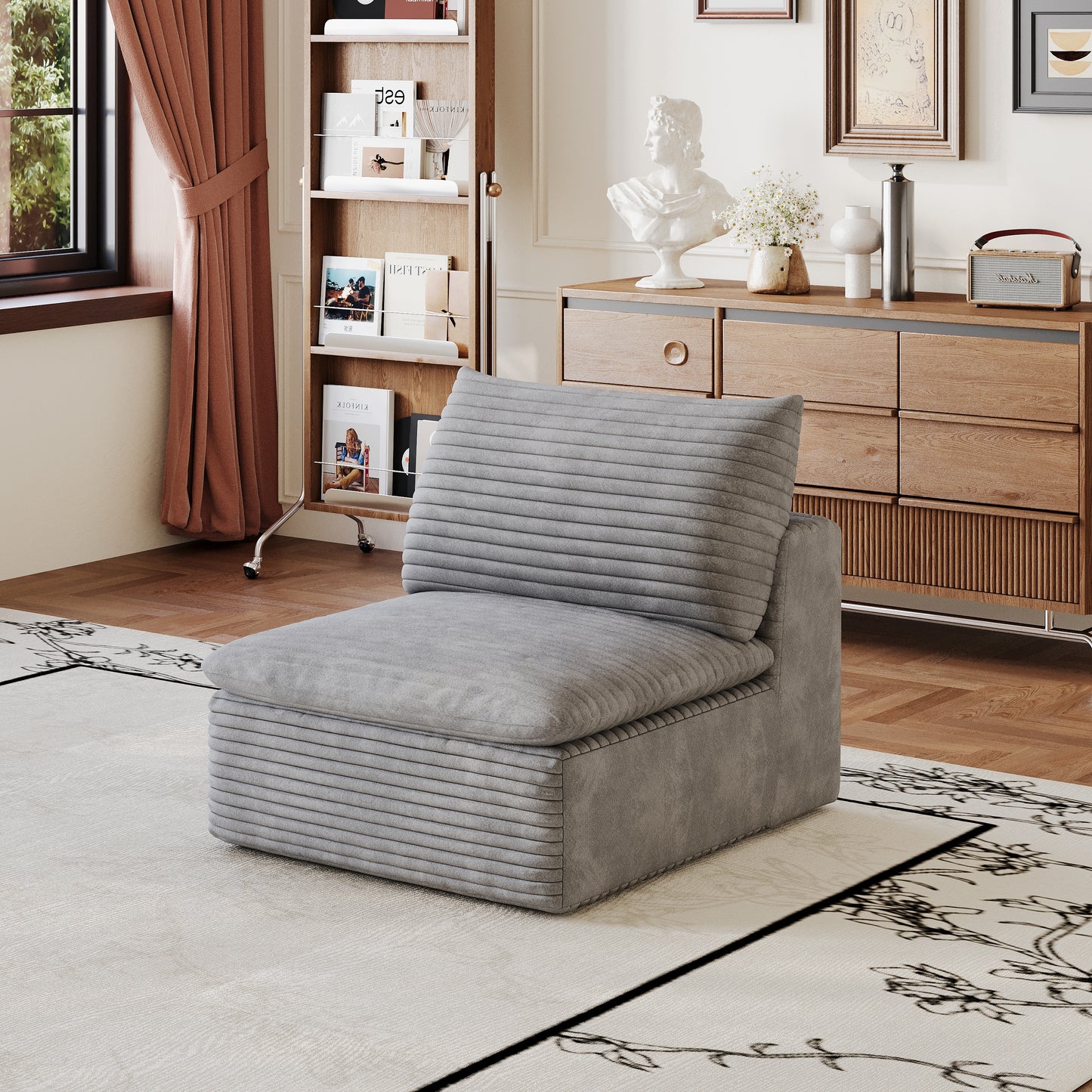 Modular Middle Seat with Ottoman - Grey Fabric