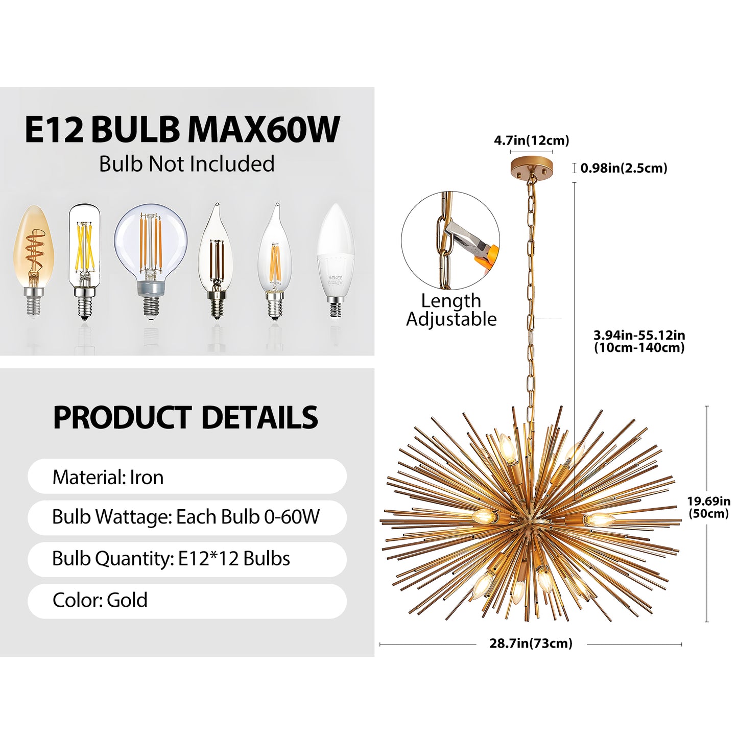 12-Light Gold Starburst Chandelier Pendant Light Fixture