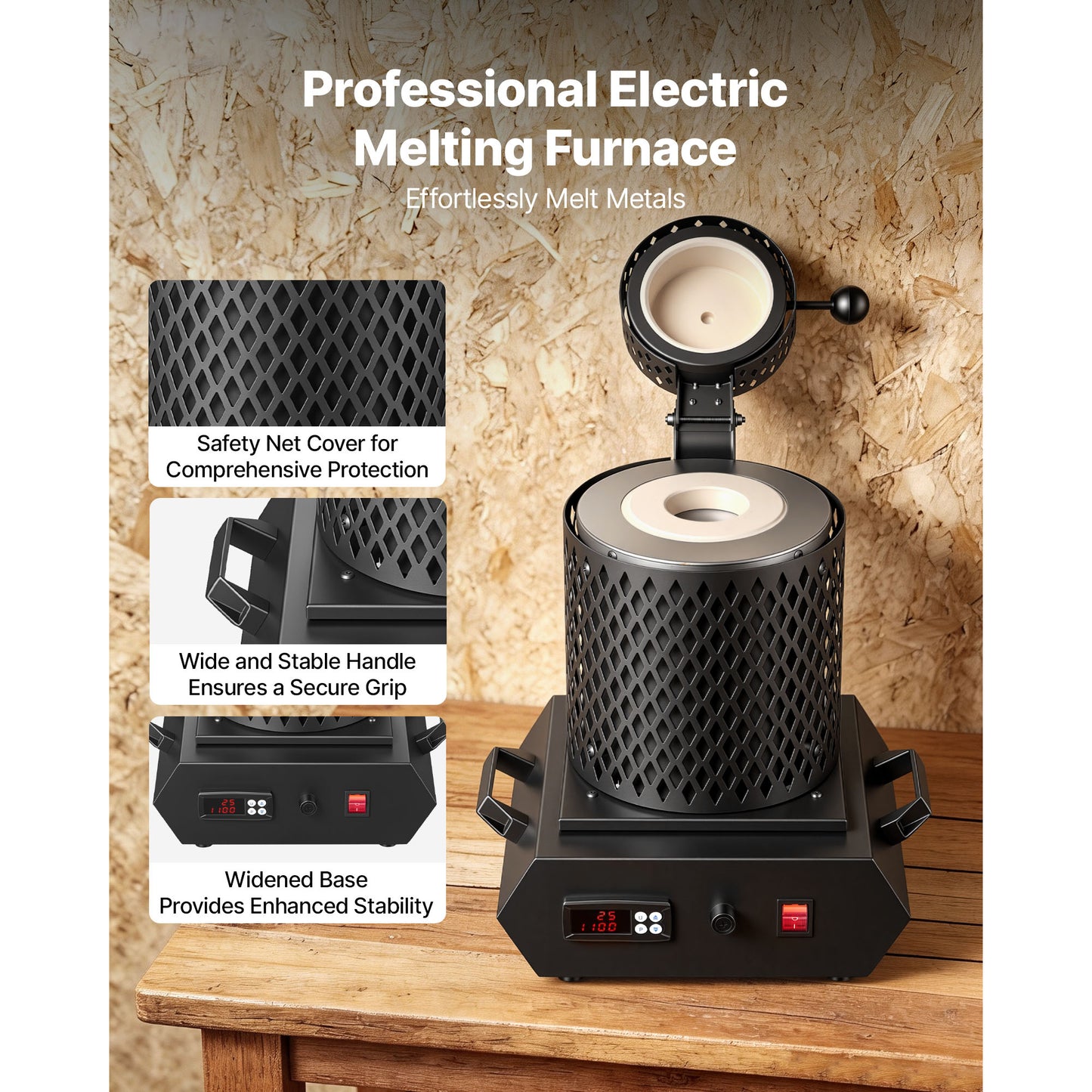 Gold Melting Furnace 1350W Digital Electric 2102°F with Crucibles & Safety Gear