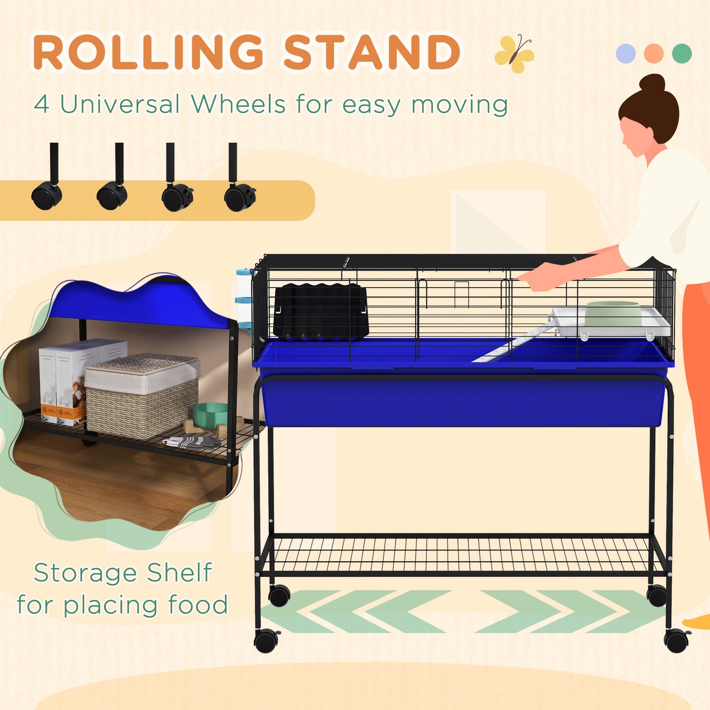 Small Animal Cage with Removable Stand, Wheels & Shelf - Blue, 39 x 20.5 x 36.5 Inches