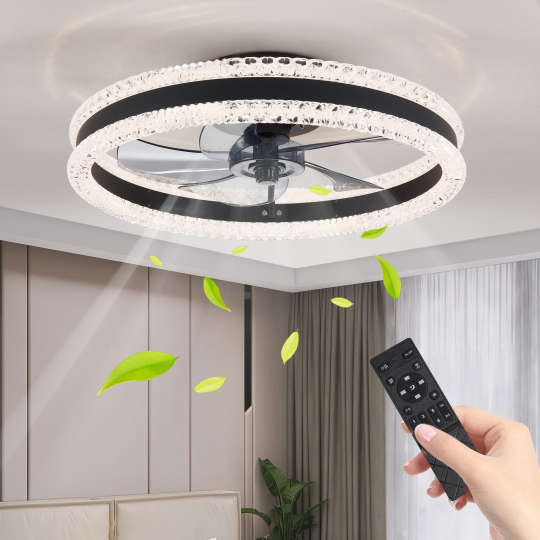 20in Modern Double Ring LED Ceiling Fan with Light Black Remote