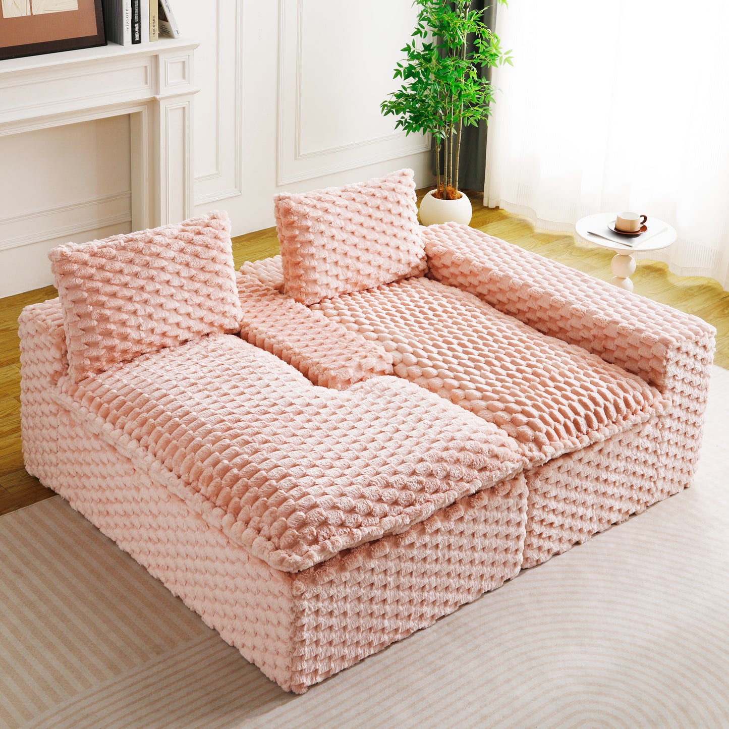 Convertible Pink Velvet Sofa with Chaise Lounge - Twin-Seat