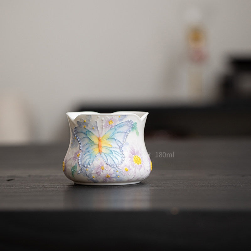 Hand-Painted Butterfly Ceramic Teacup - Under glaze Home Drinkware Corset Style