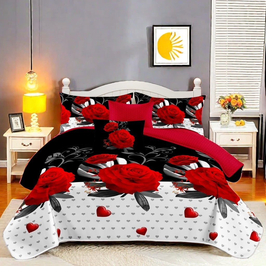 9-Piece Heavyweight Bedding Set with Rose Print & Curtains