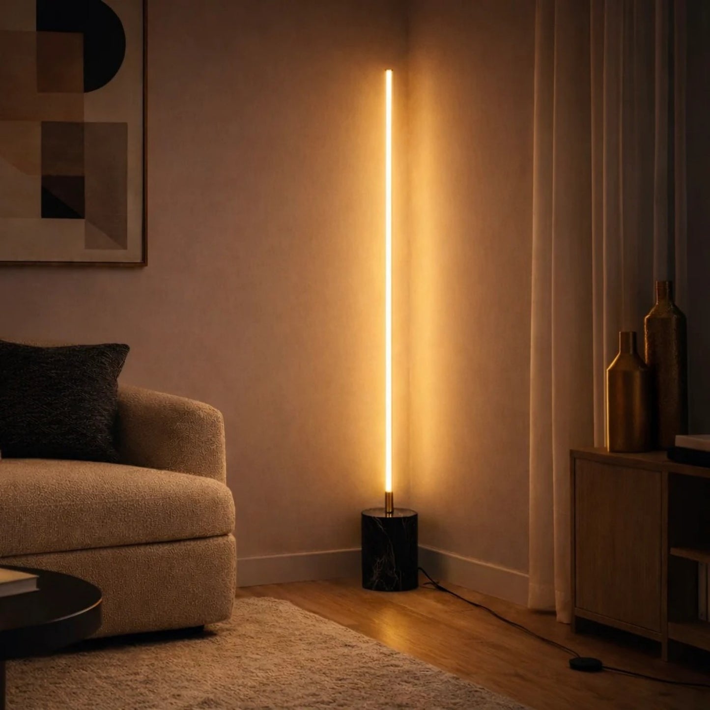 Prism Brassed Gold LED Floor Lamp With On Off Faux Marble Base