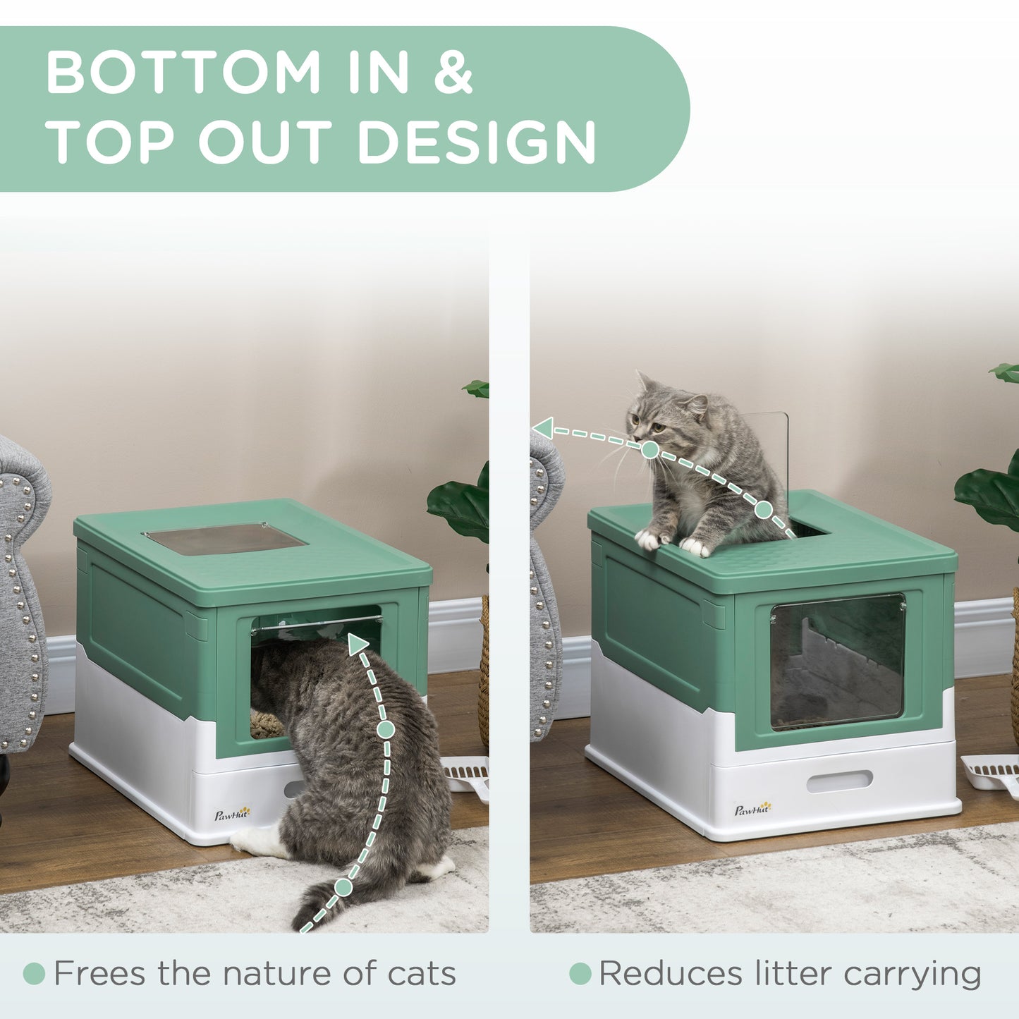 Large Enclosed Portable Cat Litter Box with Scoop - Green