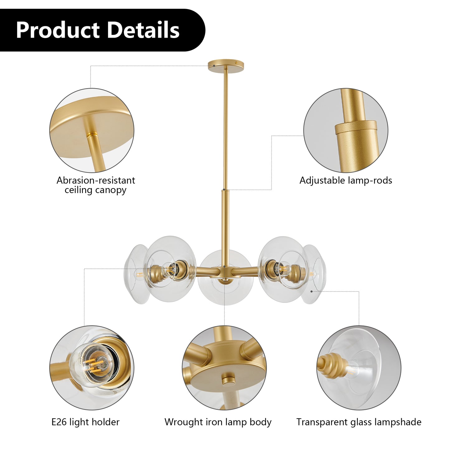 Modern Gold 5-Light Sputnik Chandelier with Clear Glass Shades