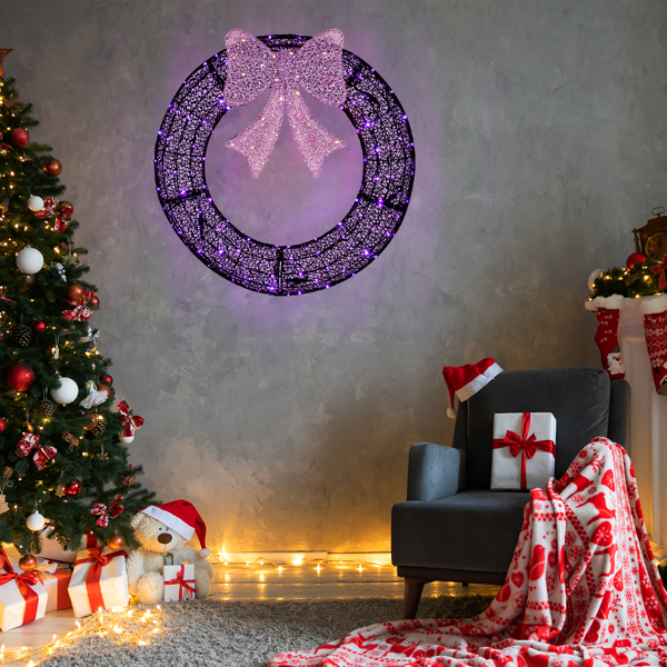 36-Inch Pre-Lit Christmas Wreath with Remote Control LED Lights - Purple Bow