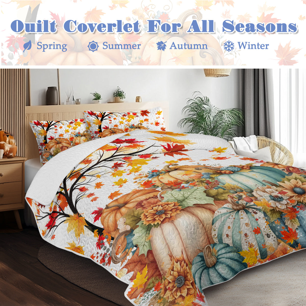 Colorful Pumpkin Pattern Quilt Set with Pillowcases - All Seasons