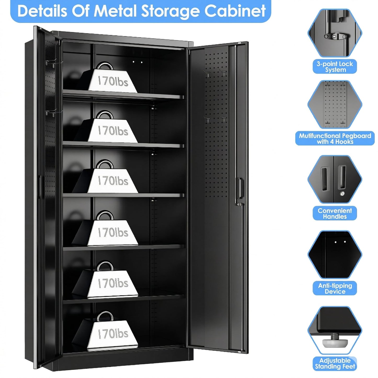 Locking Garage Storage Cabinet with 5 Adjustable Shelves - Black