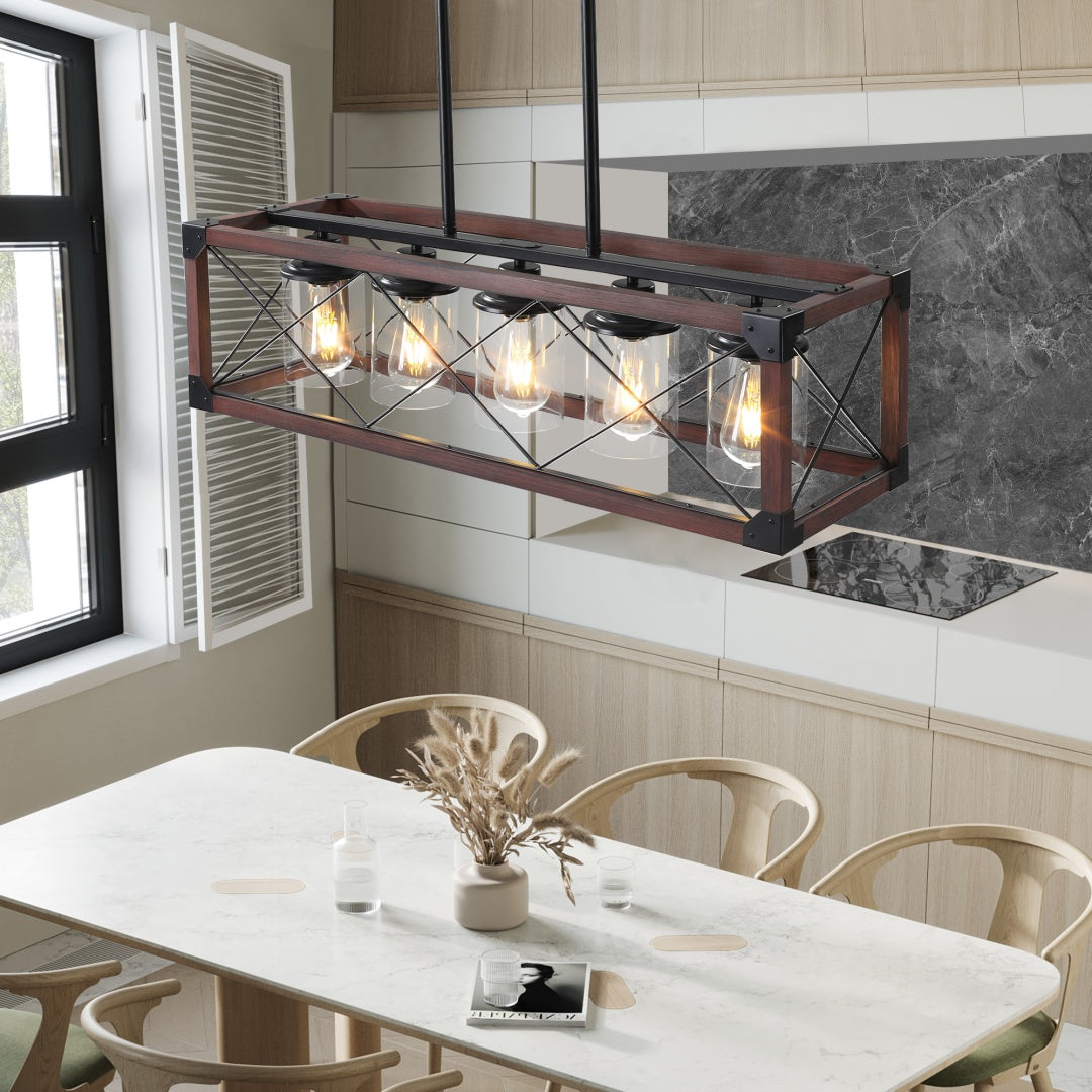 32-Inch Red Industrial Farmhouse Pendant Light - 5-Light Chandelier