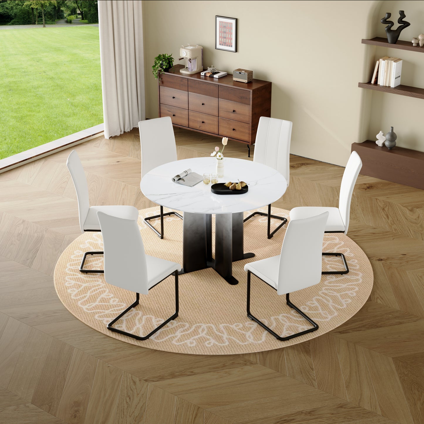 Round White Marble MDF Dining Table with Gradient Legs - Compact for 2-4