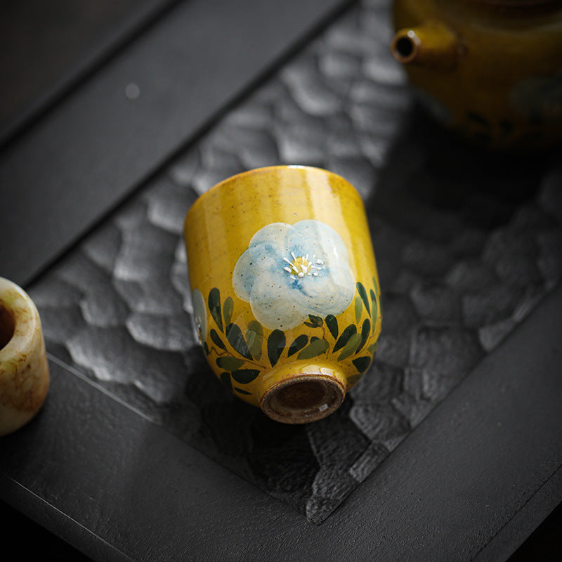 Hand Drawn Camellia Ceramic Cup and Coaster Set - 50ml Retro Kitchen Drinkware