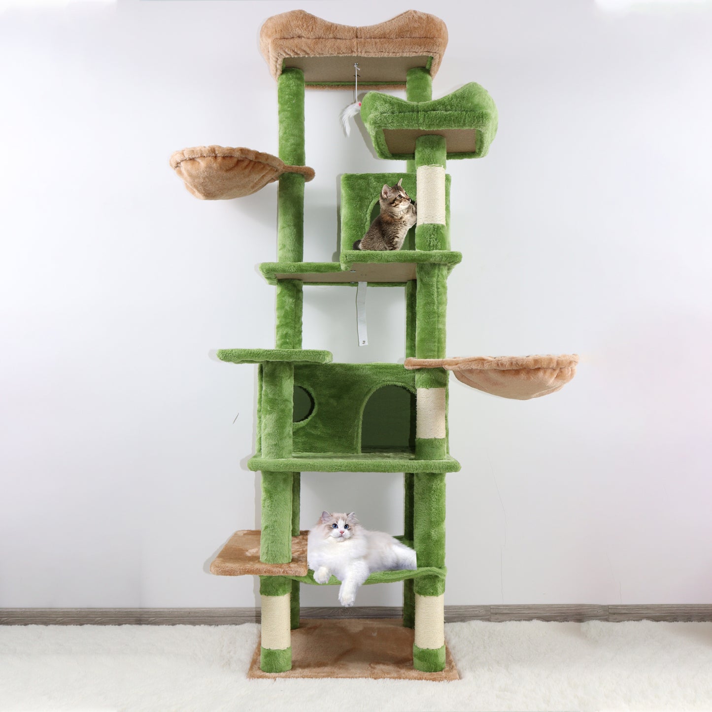 Tall Multi-Level Green Cat Tree with Hammocks and Scratching Posts - Plush Cat Tower for Indoor Cats