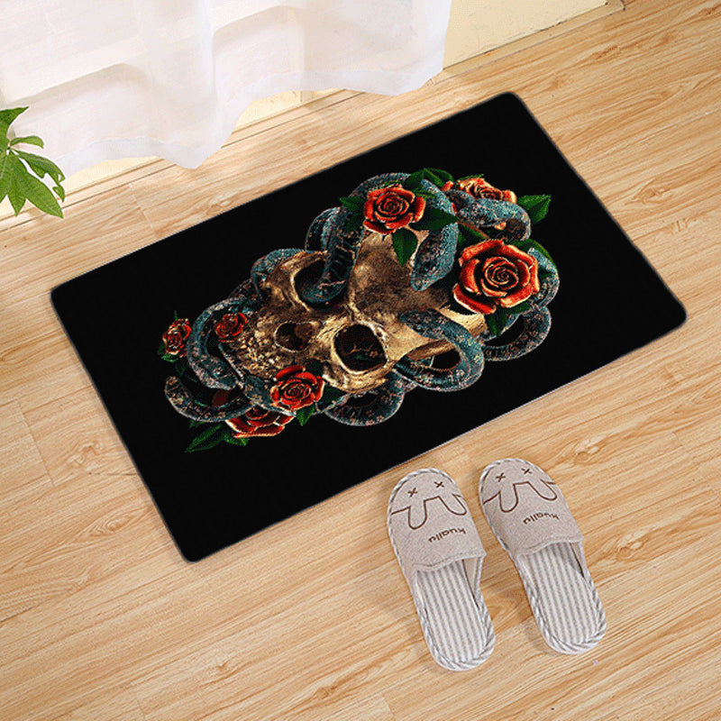 Halloween Flannel Floor Mat Non-Slip Bathroom Door Rug Skull Design