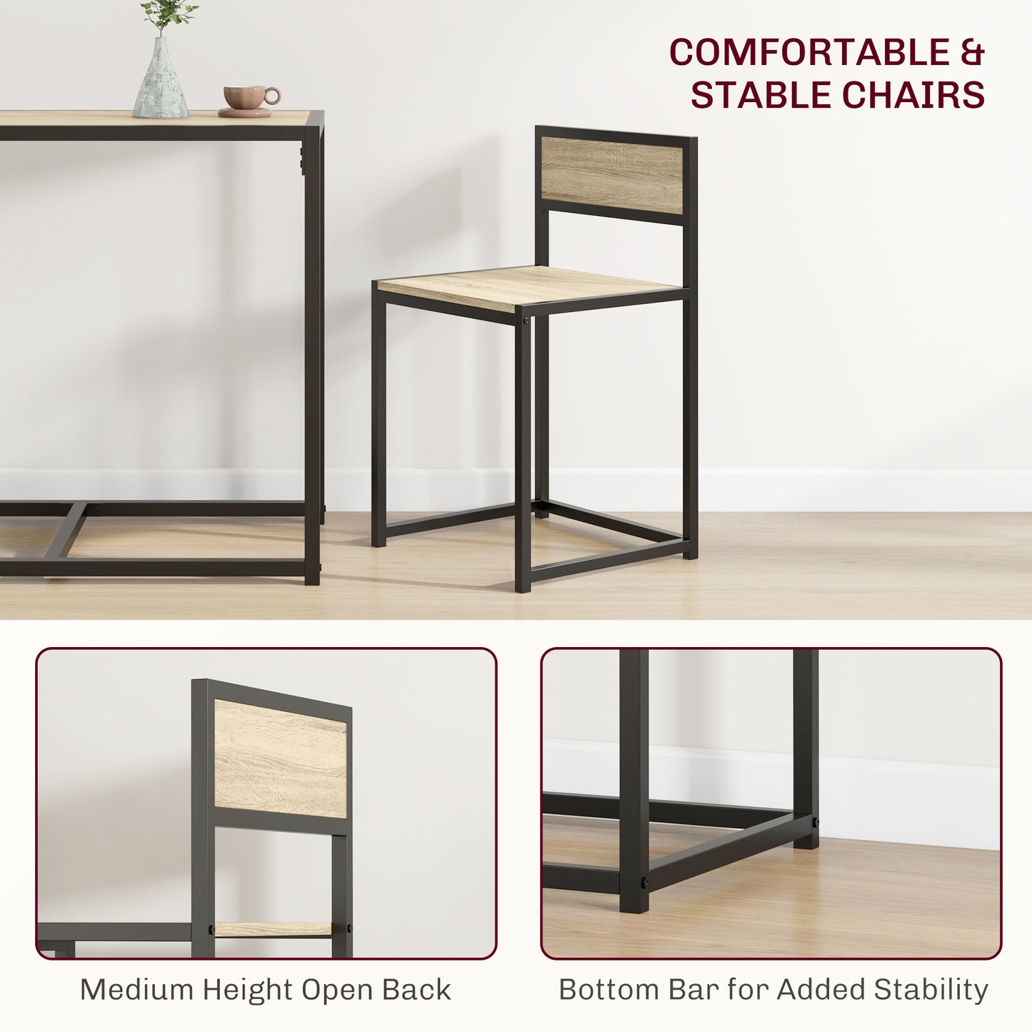 3-Piece Industrial Dining Room Set with Rectangular Table & Chairs - Oak
