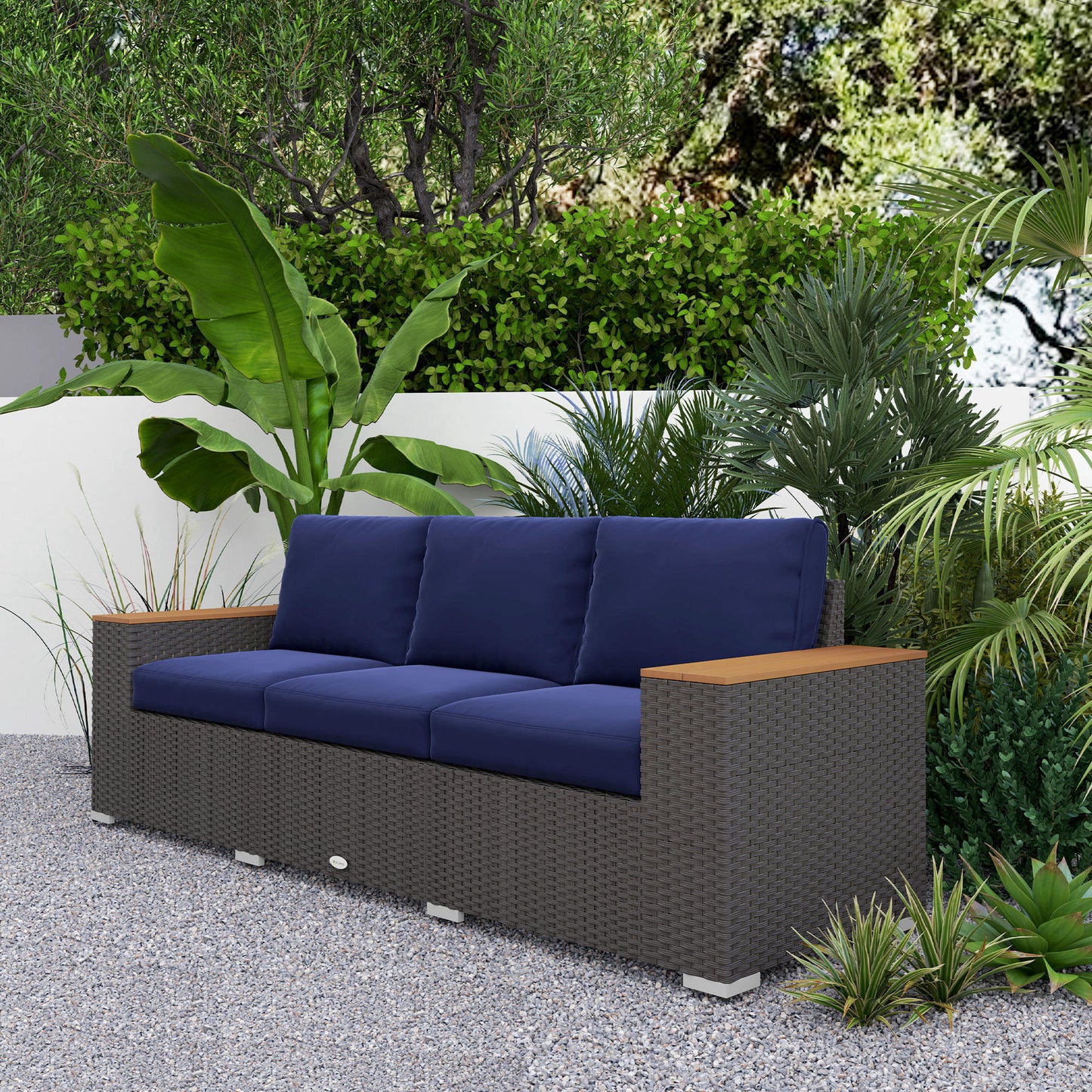 3-Seat Outdoor Patio Sofa - Navy Blue PE Wicker Couch with Cushions