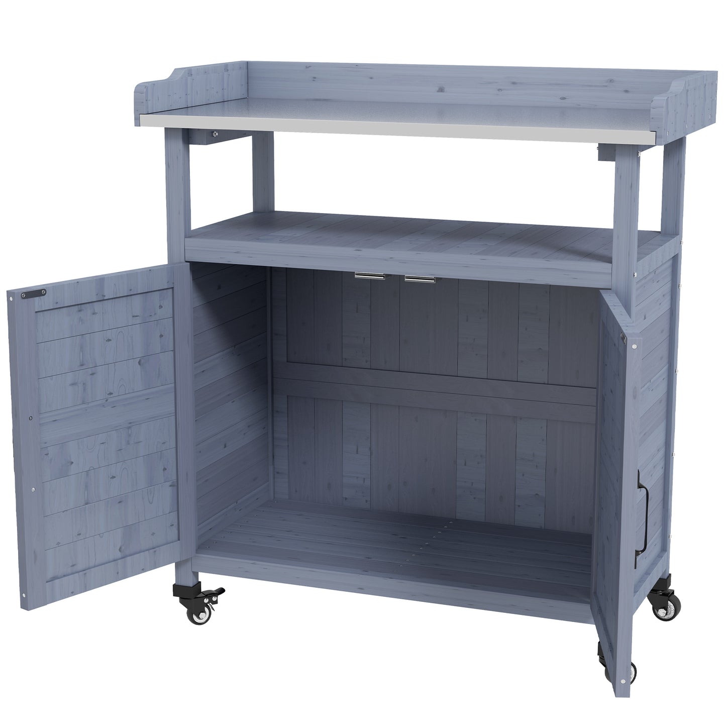 Outdoor Wooden Potting Bench with Storage Cabinet and Movable Wheels, Gray