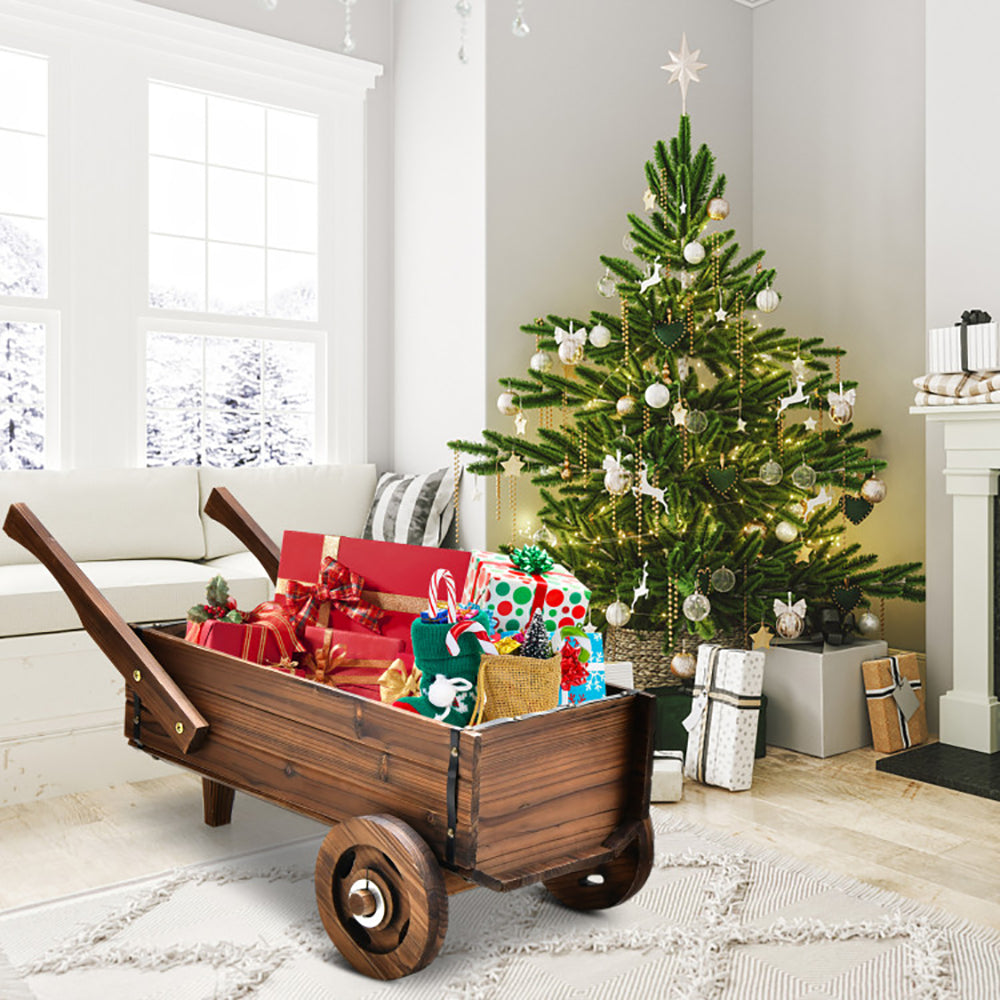 Wooden Wagon Planter Box with Wheels and Drainage Hole - Rustic Brown Garden Decor