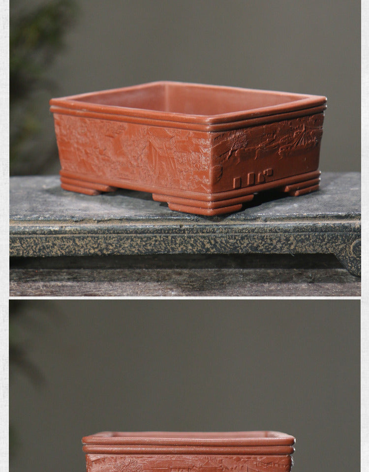 Rotating Rectangular Ceramic Flower Pot Set with Bamboo Basin - Classic Garden Decor