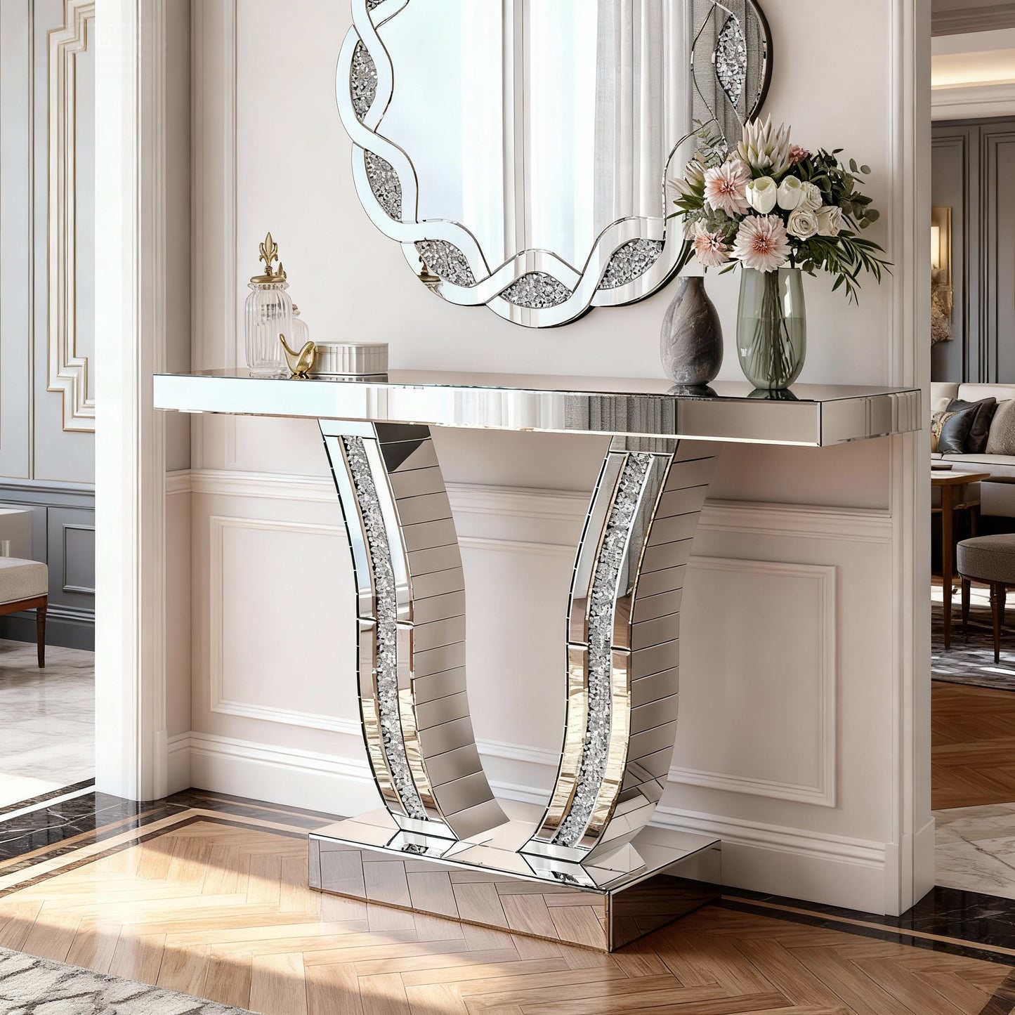 43 Inch Mirrored Console Table - Modern Silver Accent Table