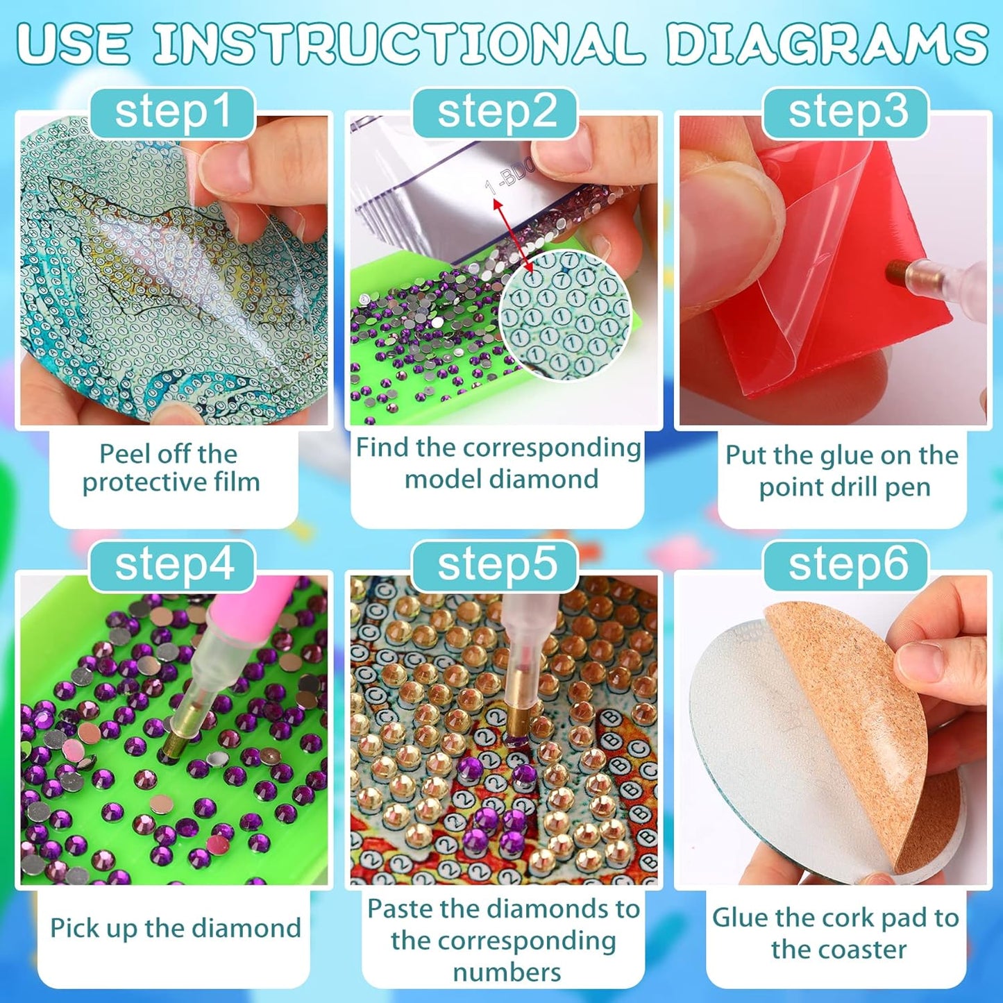 16 Pcs Diamond Art Coaster Kit - Colorful Plastic Design