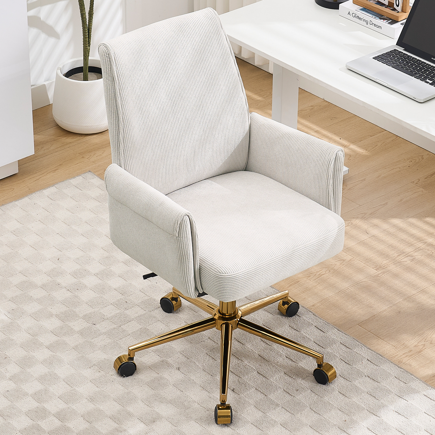 Ergonomic Mid-Back Office Chair with Striped Fabric - White