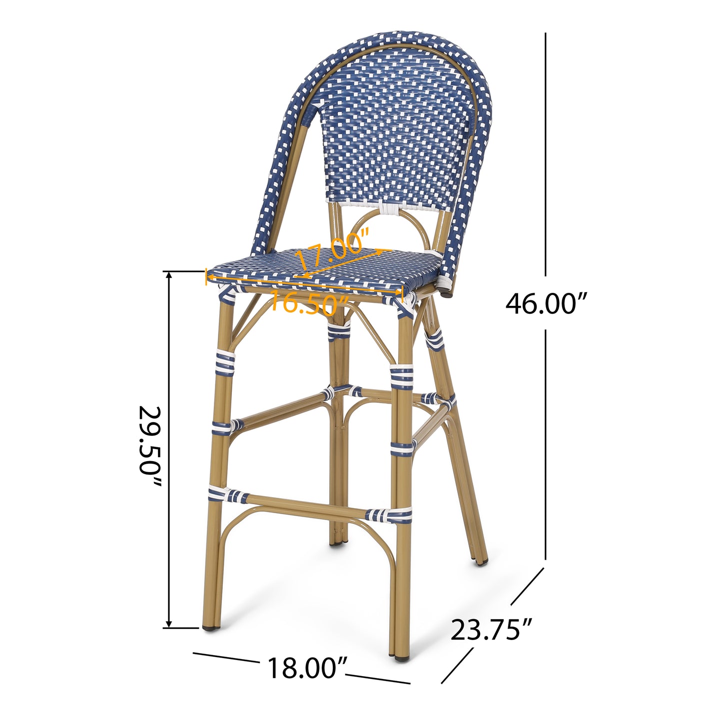 29.5 Outdoor PE Rattan French Barstool, Dark Teal And White, Aluminum