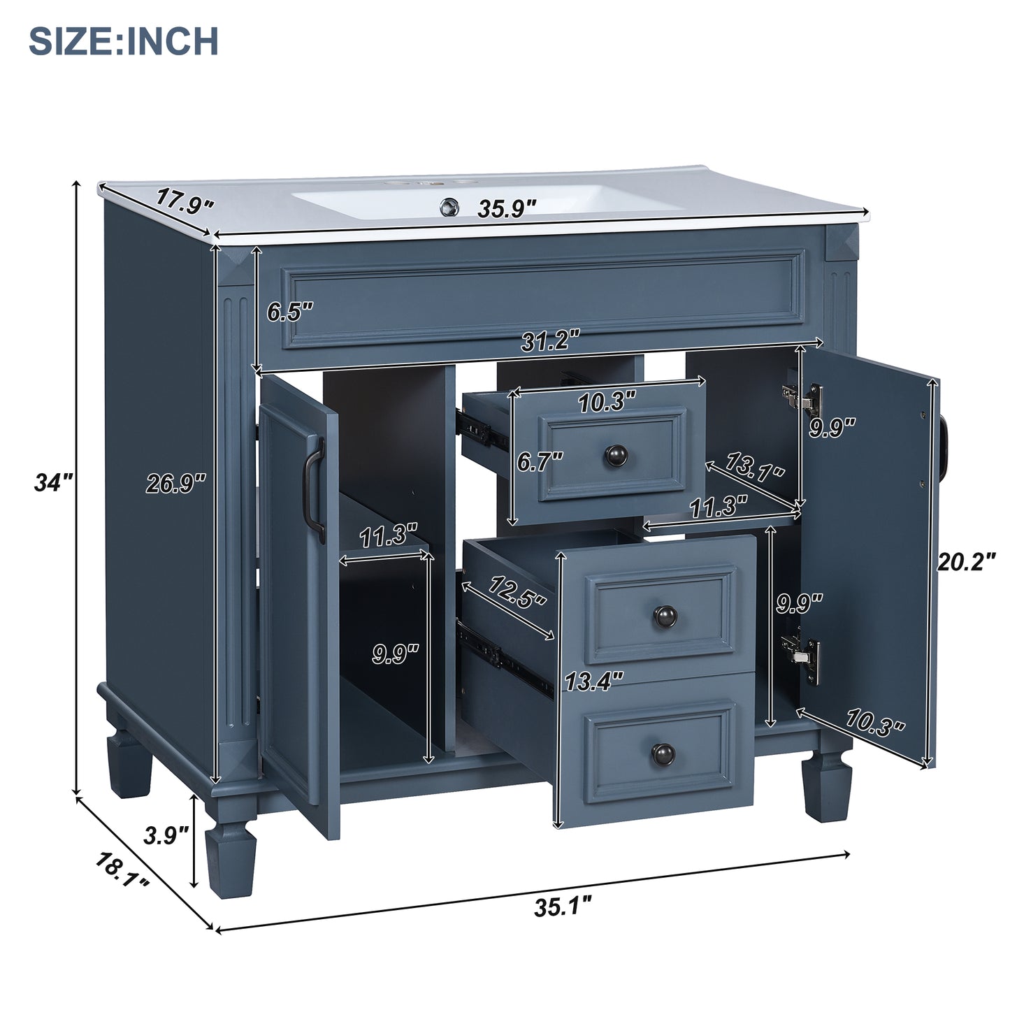 36-Inch Blue Bathroom Vanity with Top Sink & Soft Closing Doors