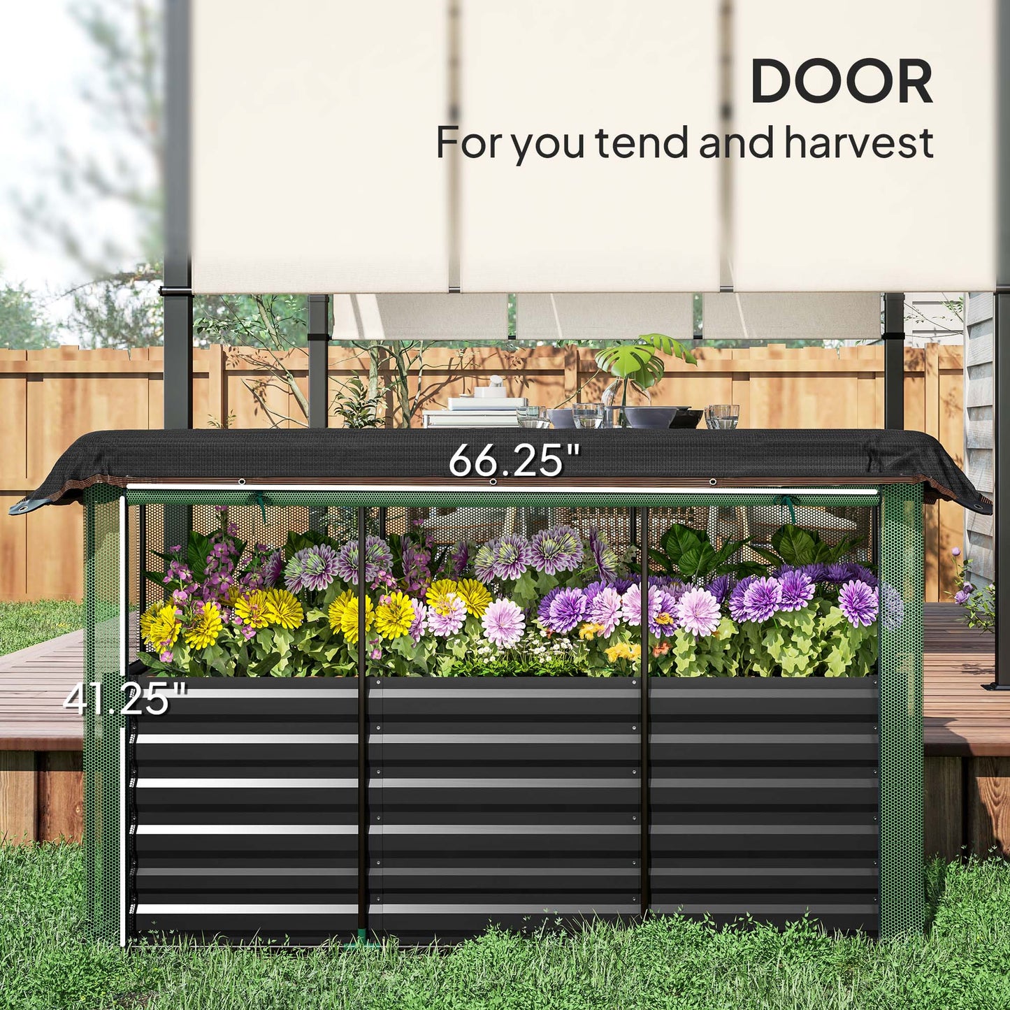 Galvanized Steel Raised Garden Bed with Crop Cage and Shade Cloth - Dark Gray, 695x355x185 mm