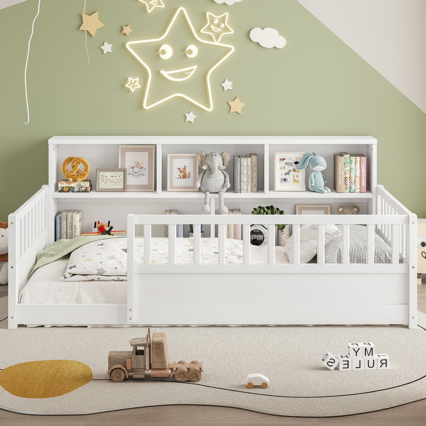 Twin-Sized Wooden Floor Bed with Fence Guardrail & Side Storage - White
