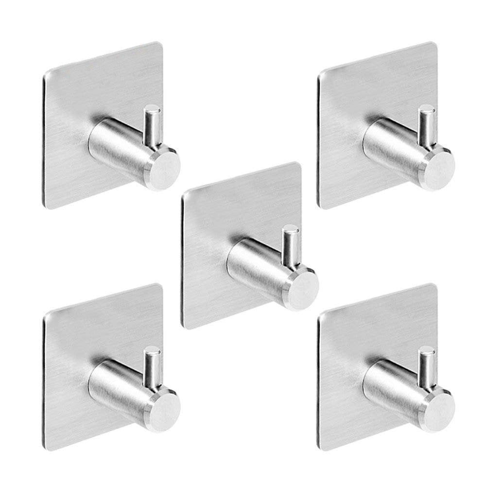 Self-Adhesive Stainless Steel Hook Pack of 5 for Bathroom Towel and Hat Storage