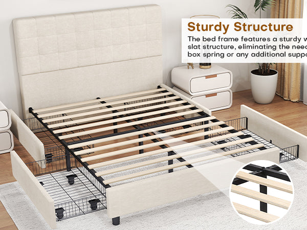 Bed Frame Upholstered Vertical Channel Headboard With 4 Storage