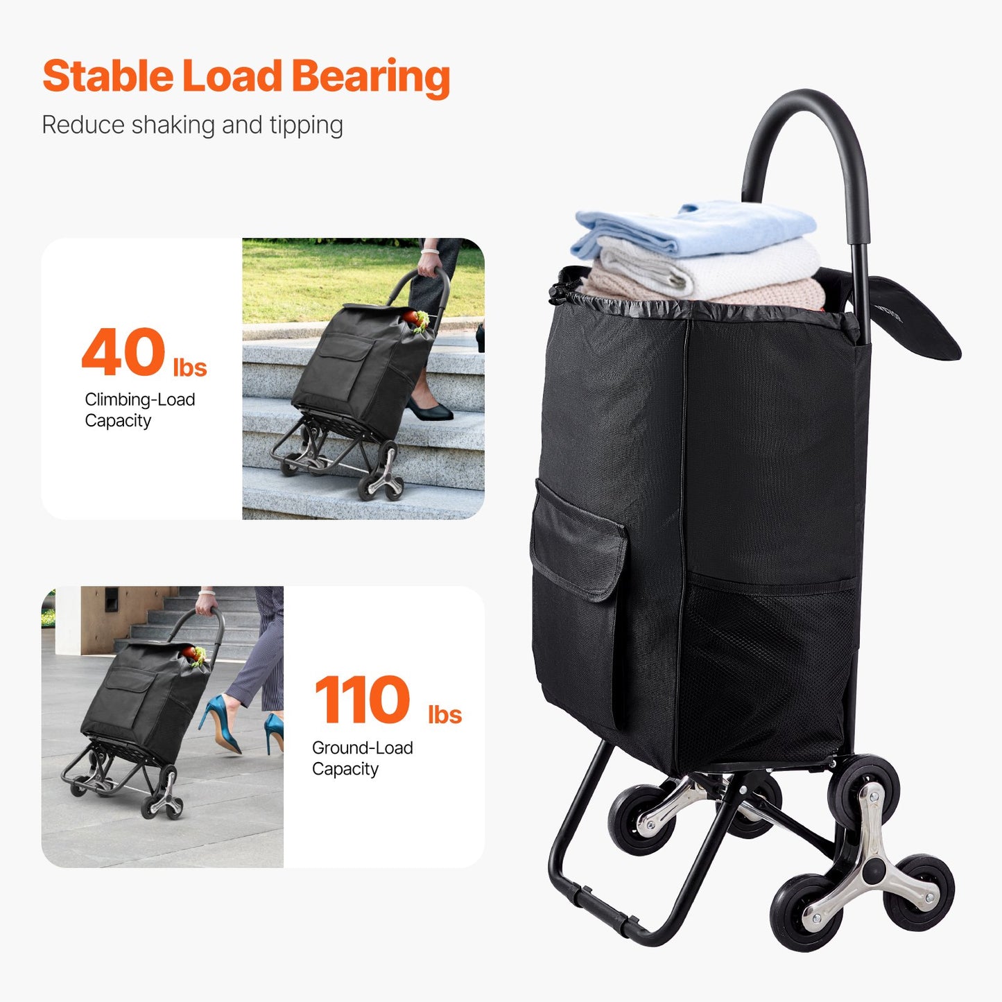 Foldable Stair Climbing Shopping Cart 36L with 6 Wheels and Storage Bag - Black