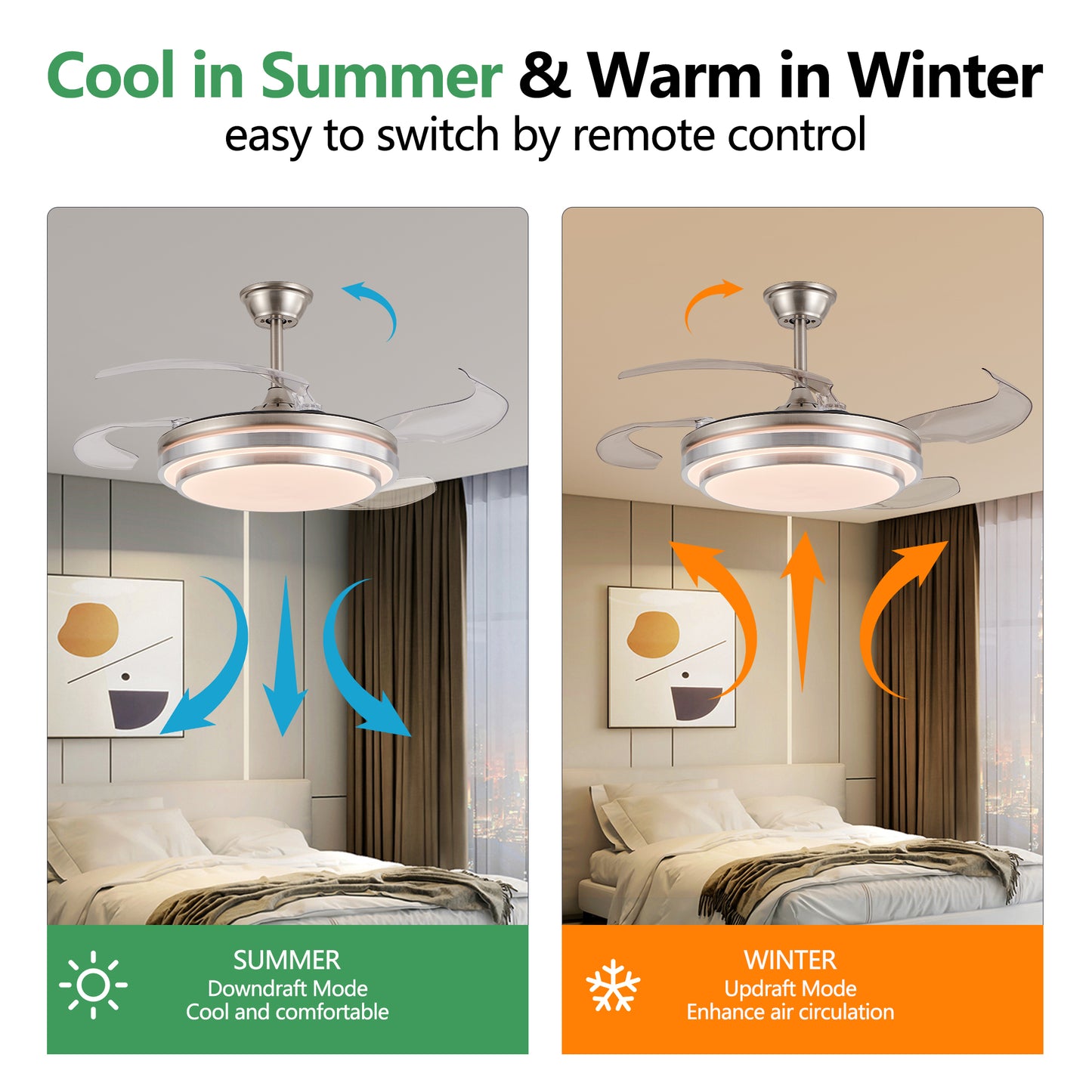 42-Inch Modern LED Ceiling Fan with Remote Control - Retractable Blades, 6-Speed, Quiet Operation