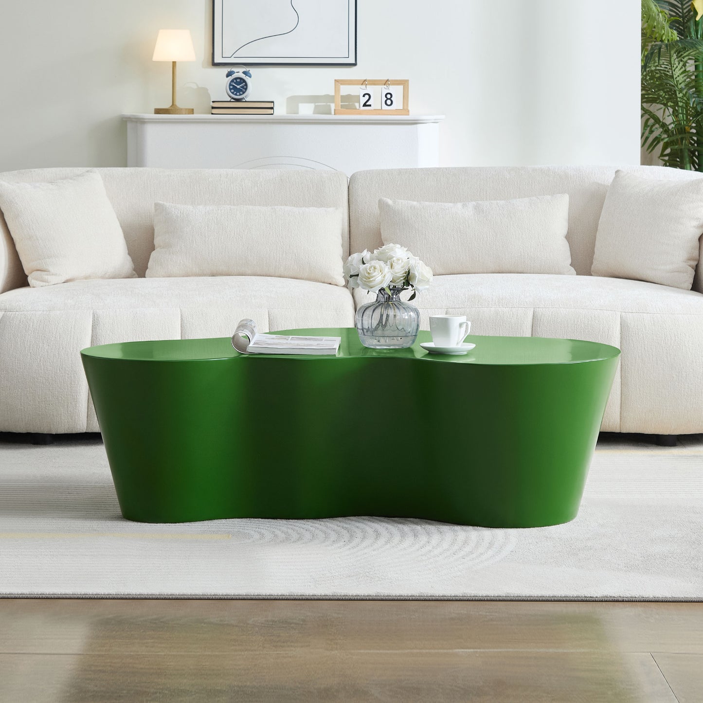 50 Inch Green Unique Shape Coffee Table - Fiberglass Living Room Table