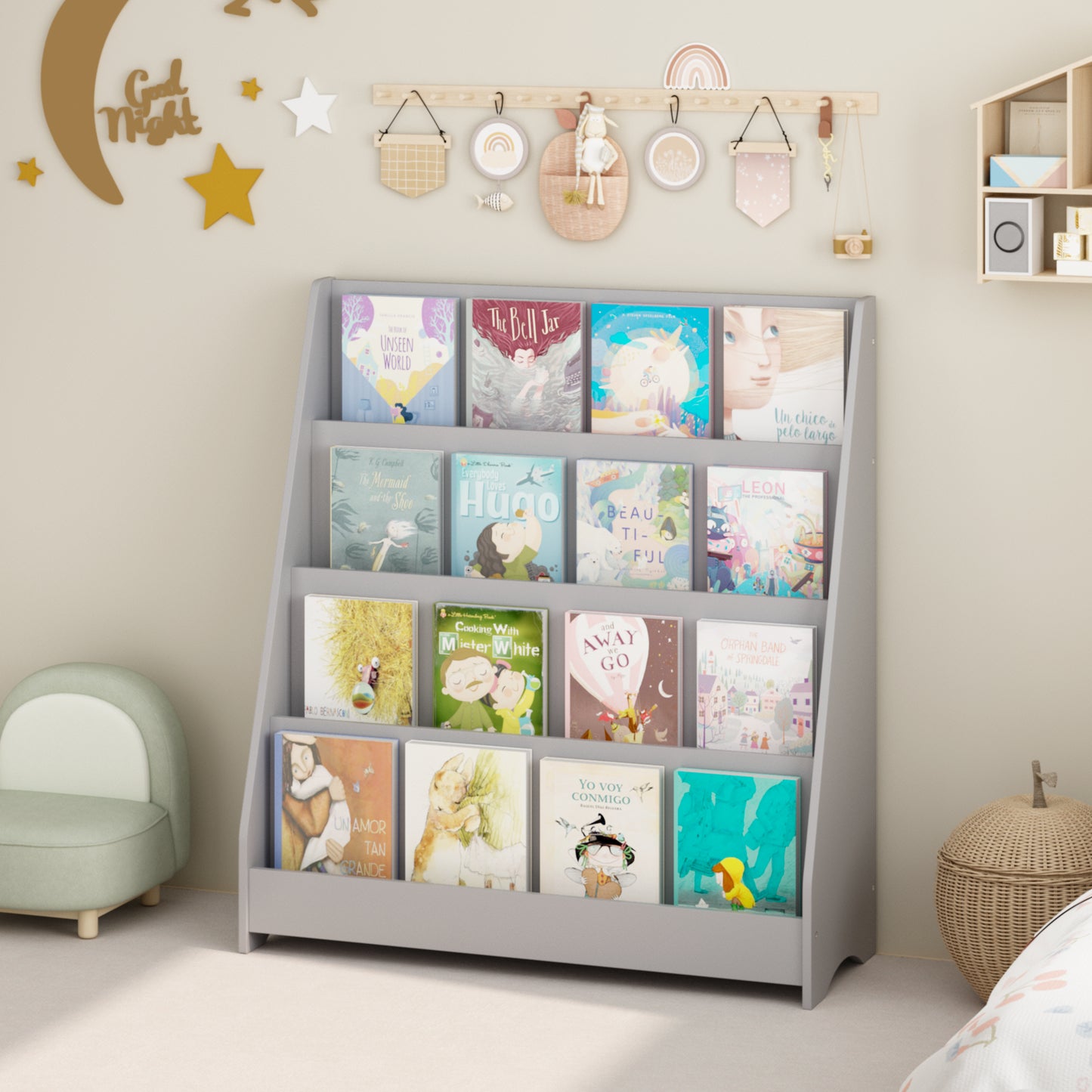 4-Tier Kids Bookshelf - Gray MDF Book Display for Bedrooms & Playrooms