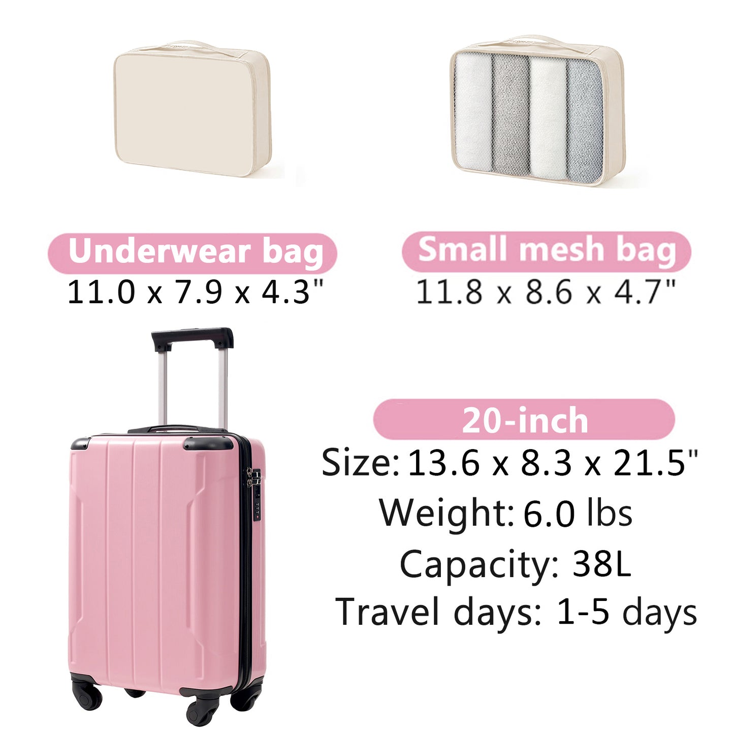 20-Inch Hardshell Carry-On Luggage with Spinner Wheels - Pink