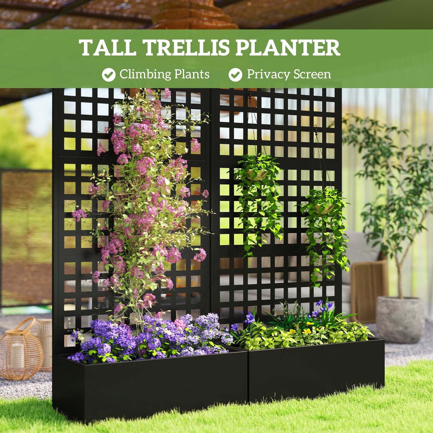 Galvanized Raised Garden Bed Planter with Trellis - 35x16x70 Inches, Black