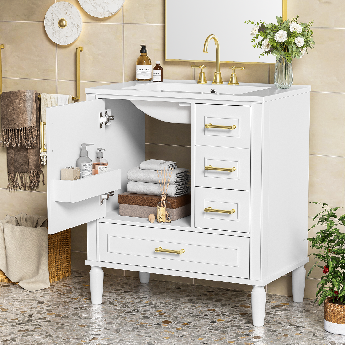 30" Bathroom Vanity with Ceramic Sink and Ample Storage - White