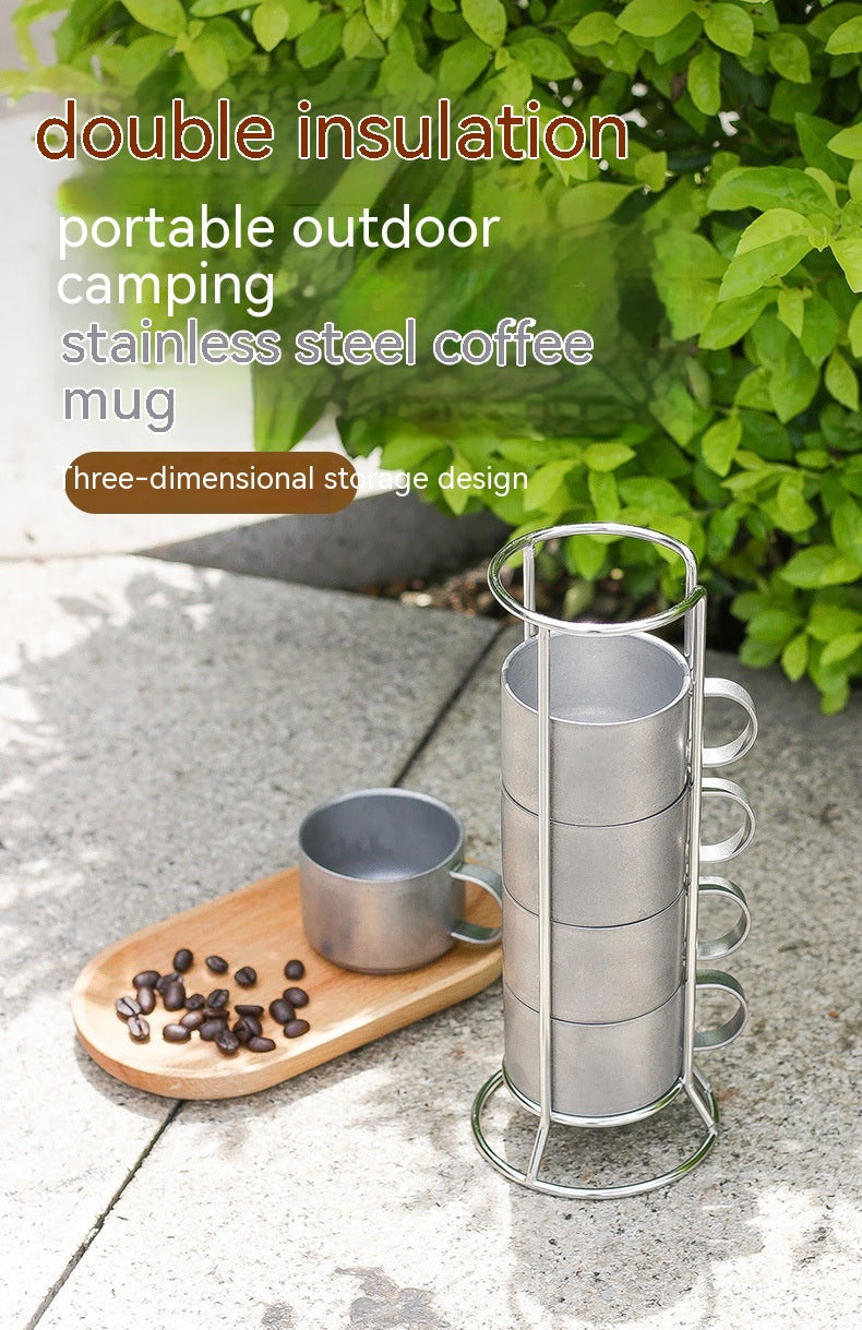Outdoor Double-Deck Stainless Steel Coffee Cups Set with Storage Rack - Anti-Scald Insulated Drinkware