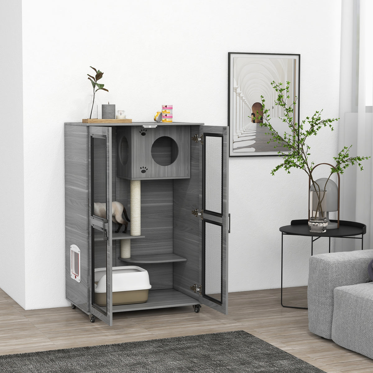 Cat Tree with Scratching Post & Wheels - Gray Pet Furniture