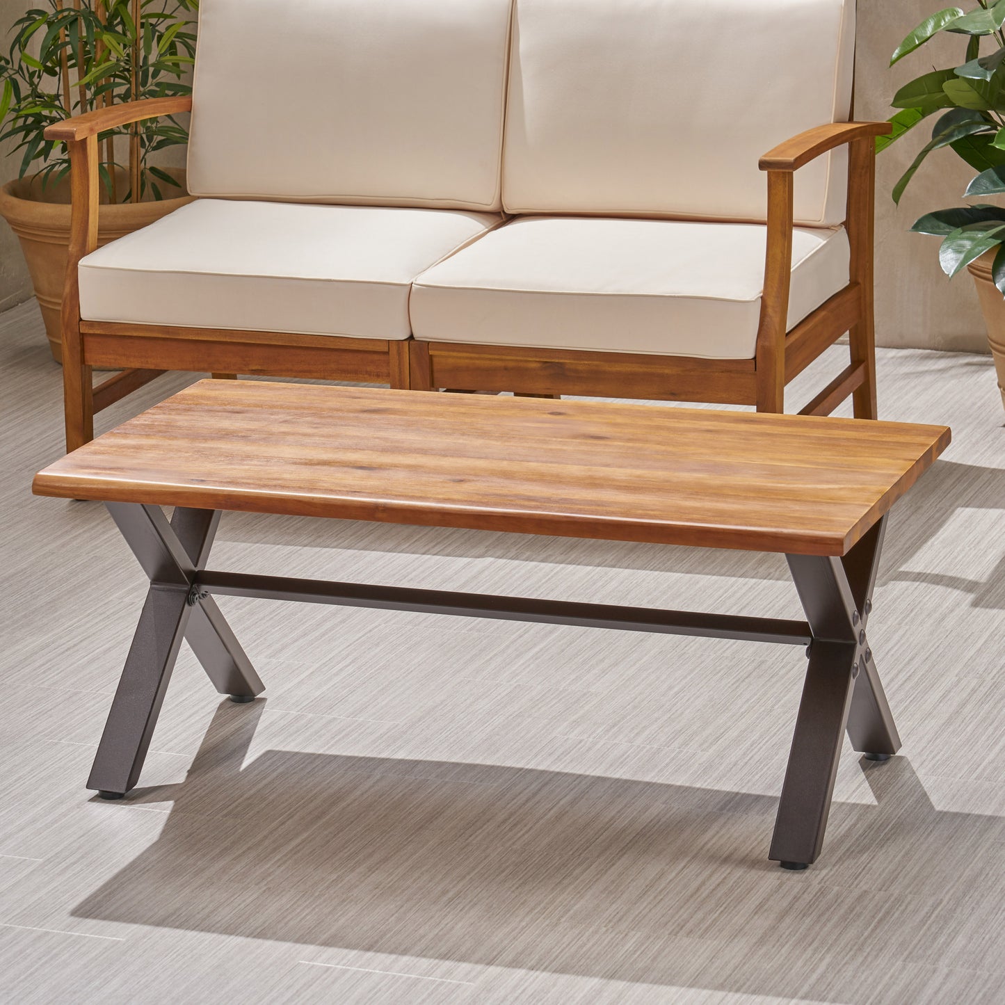 Outdoor Acacia Wood Coffee Table, Teak Finish Rustic Metal,Black And