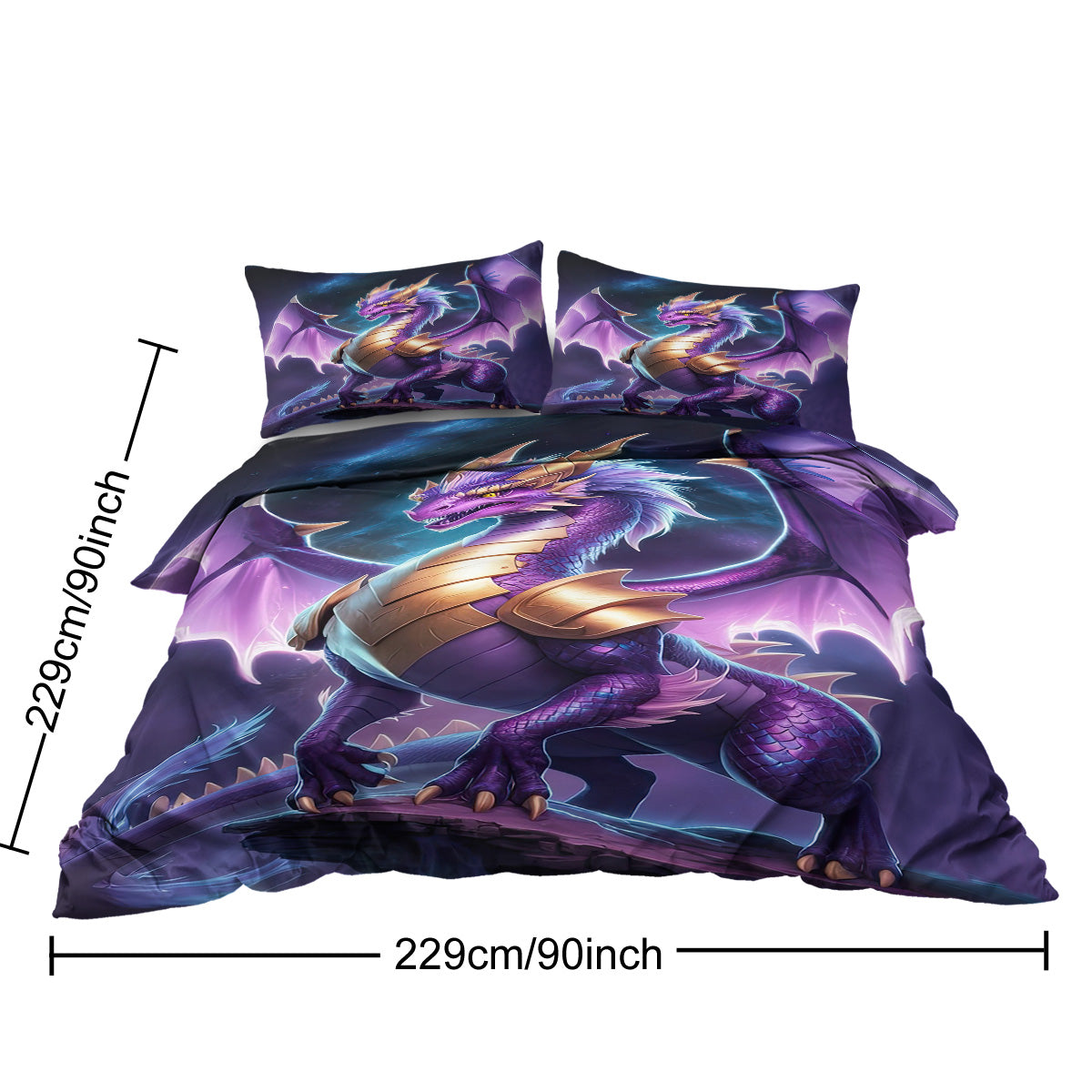 Purple Dragon Bedding Set for Kids - 3D Wildlife Pattern Duvet Cover & Pillow Shams