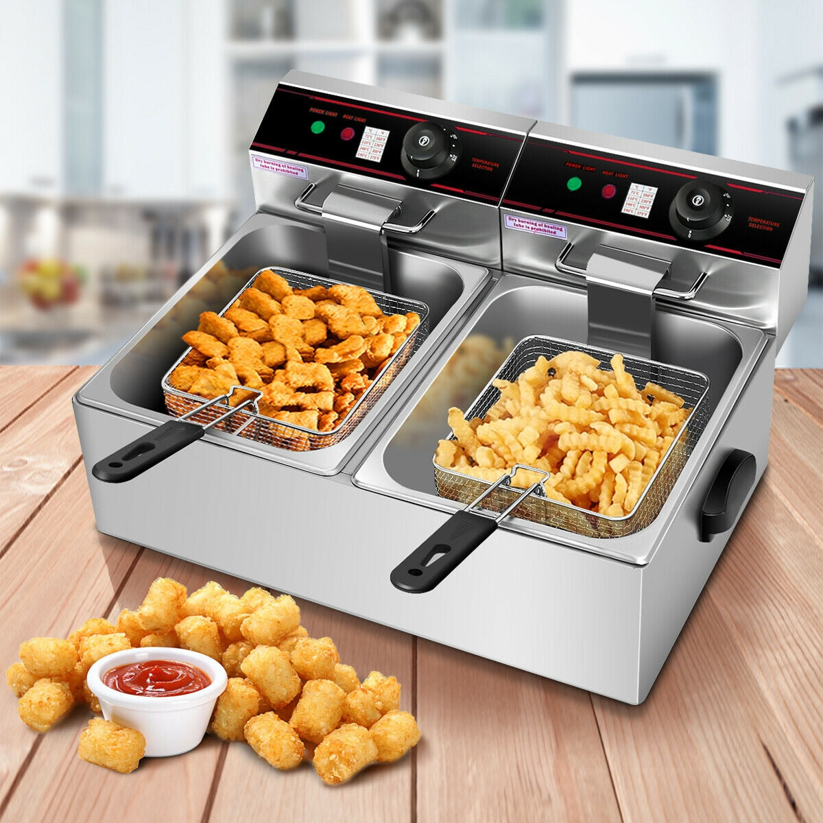 3400W Dual Tank Electric Deep Fryer - Stainless Steel