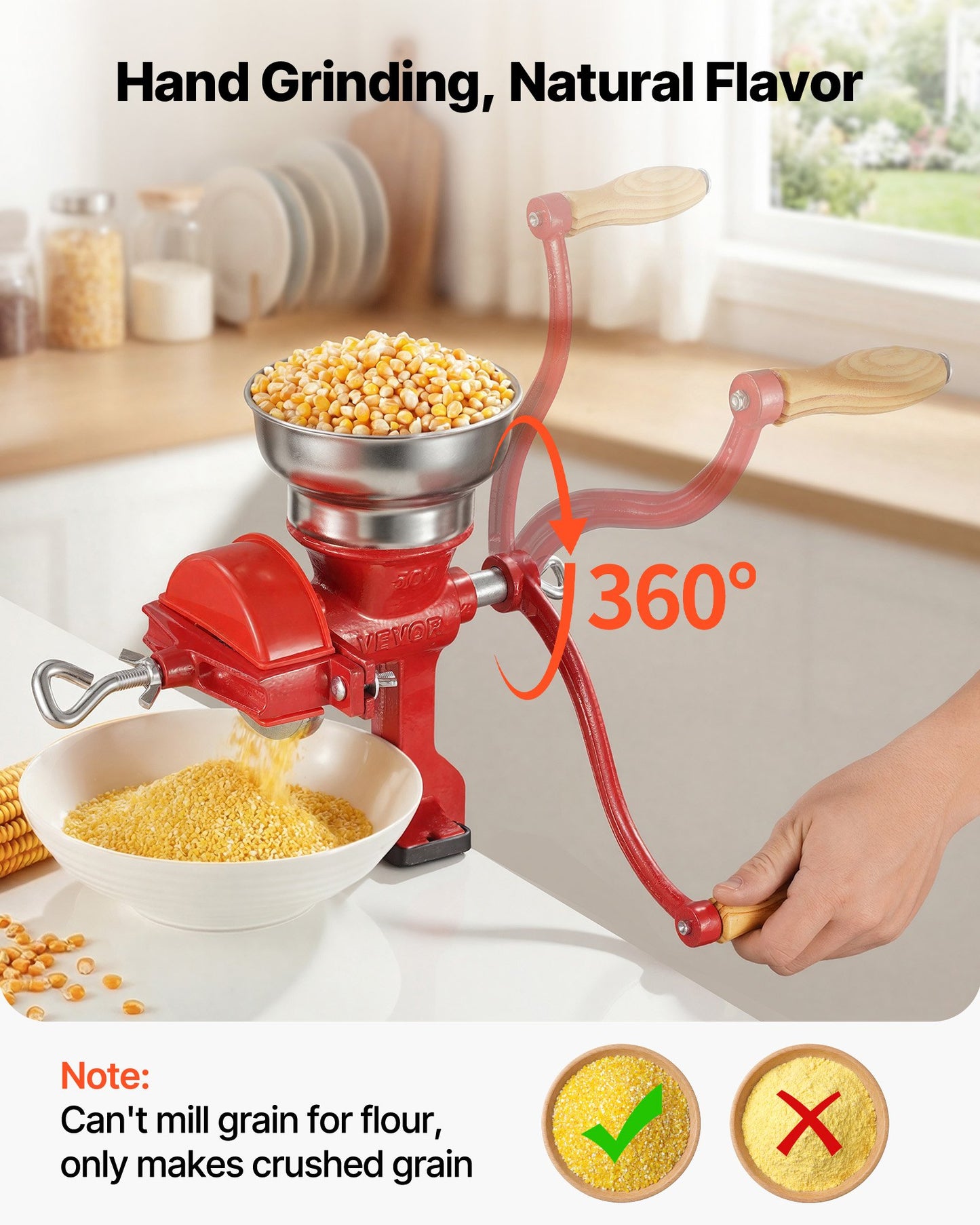 Manual Grain Mill with Clamp - Hand-Crank Coffee, Spices & Nut Grinder, Cast Iron, Black
