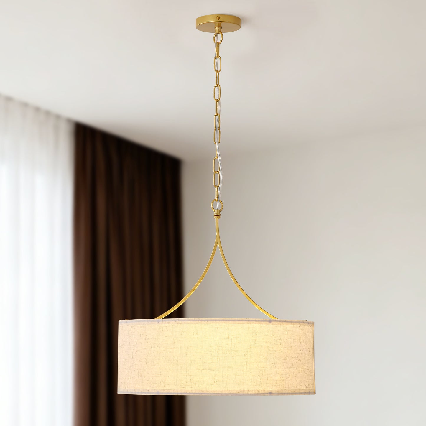 Golden Fabric Pendant Light - Adjustable Drum Chandelier for Dining & Living Rooms